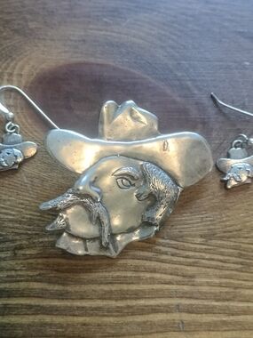 Rare Vintage Cowboy Head Pendant/Brooch DV 925 And Earrings